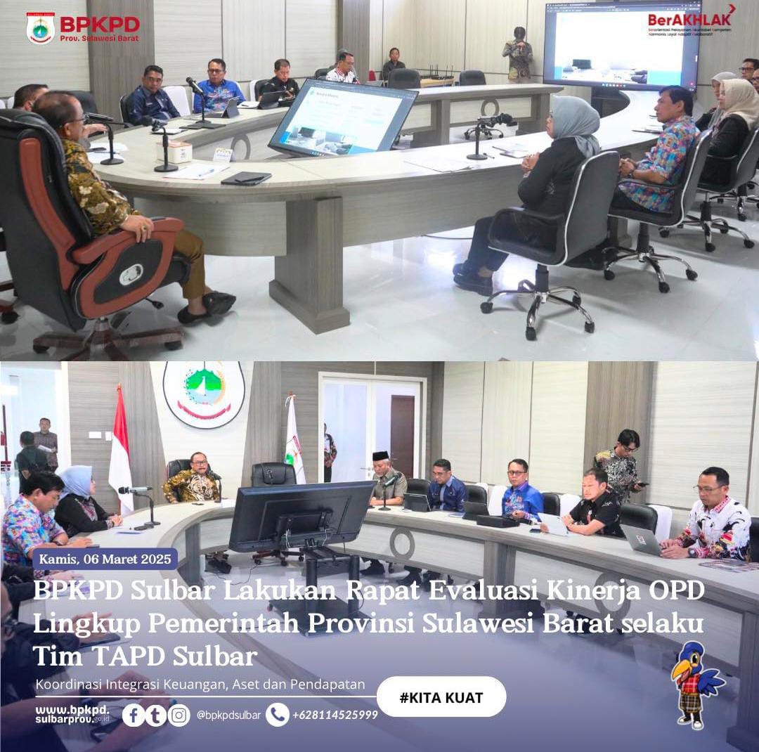 Rapat evaluasi kinerja OPD lingkup Pemerintah Provinsi Sulawesi Barat selaku tim TPAD Sulbar di ruang Oval lantai 2 Kantor Gubernur Sulawesi Barat, Kamis (06/03/2025).